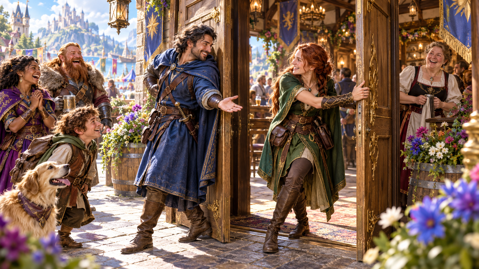 Fantasy illustration of adventurers smiling as two companions try to pass a flower-decorated tavern double doorway at the same time