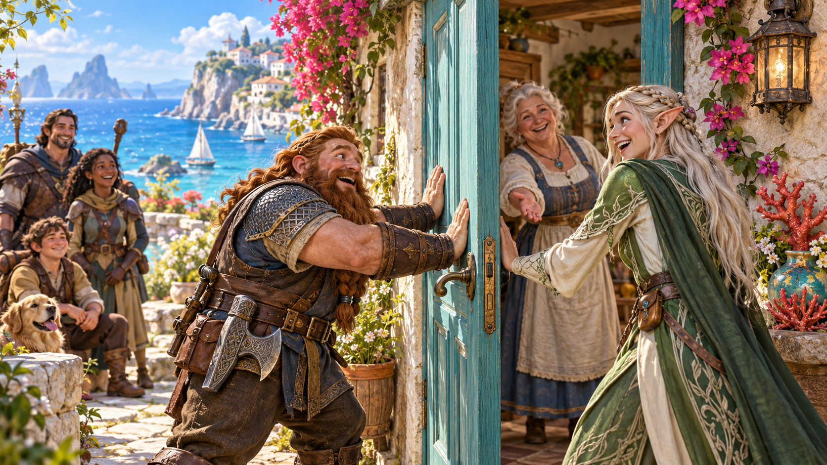 Fantasy illustration of a dwarf pushing a seaside cottage door while a companion holds its handle from inside