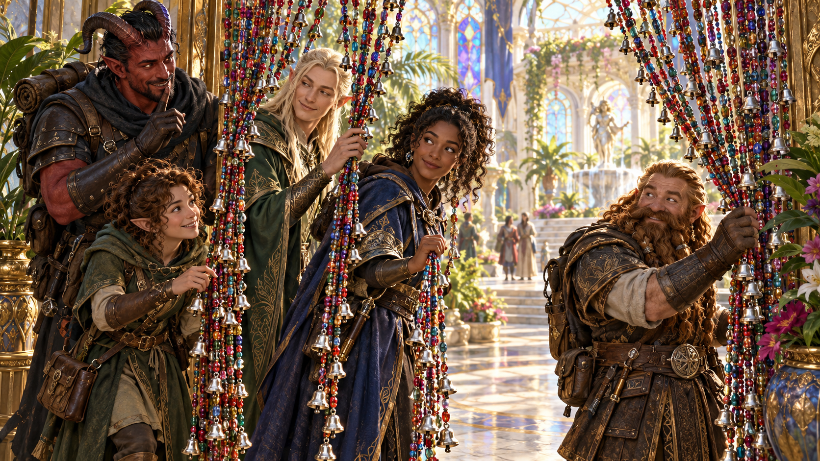 Fantasy illustration of adventurers threading through a conservatory curtain of colourful beads and tiny bells